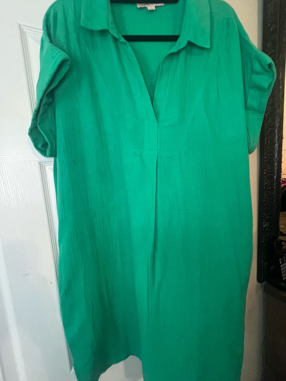 Ladies Green Collared V-Neck Shift with Side Pockets Dress